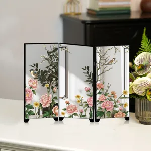 Miniature desktop folding screen mirror with delicate Chinese floral and bird art detail.