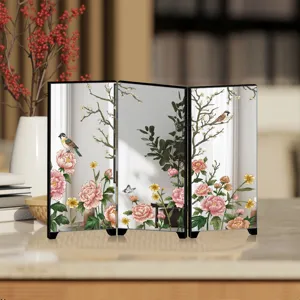 Mini desktop folding screen with traditional Chinese floral and bird art for home decor.
