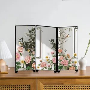 Close up of the exquisite three panel tabletop mirror screen featuring classic floral art.