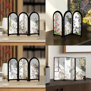 Mini Desktop Acrylic Mirror Screen Tabletop Ornament Traditional Chinese Floral Art French Style Decorative Folding Screen