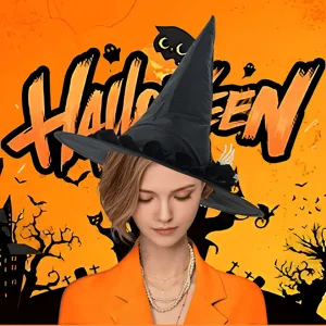 Halloween Hexenhut Detail mit schwarzem spitzem Design und gruseliger Skelett Dekoration.