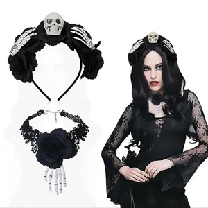 Gotische Halloween schedel haarband en zwarte kant choker set voor het griezelfeest.