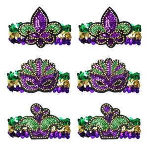 Gedetailleerd overzicht van carnaval pailletten haarbanden in paars groen goud.