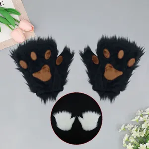 Halloween schattige pluche direnpoot halfvinger handschoenen zwarte kattenpootjes kostuum.