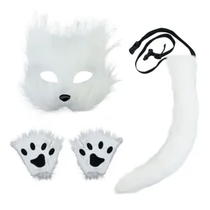 Witte pluche dierkostuum set met een masker, poothandschoenen en staart voor feestjes.