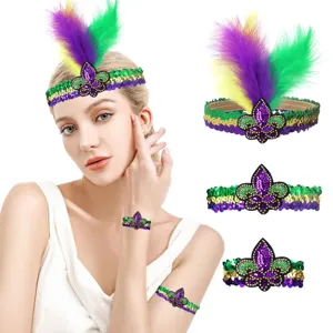 Mardi Gras Pailletten Veer Hoofdband Armband Set Paars Groen Goud Carnaval Maskerade Feest Accessoires Franse Lelie Masker Kostuum Decor