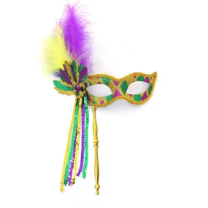 Carnaval Handheld Veren Masker Goud Pailletten Mardi Gras Feest Halve Gezicht Kostuum Props