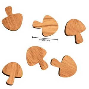 Close-up detail view of wooden mushroom shaped magnetic pieces showcasing fine grain and size.