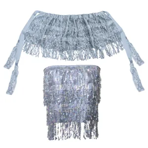 Silver sequin fringe festival two piece set sexy party clubwear rave costume outfit for women