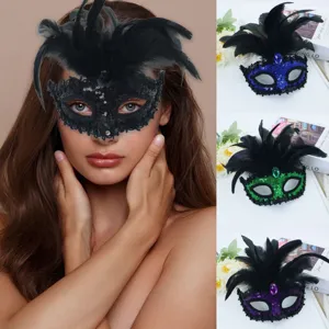 Vrouwen Sexy Masquerade Masker Elegant Lovertjes Veer Halfgezicht Oogmasker Met Strass Voor Halloween Kerstmis Feest Dans