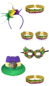 Carnavalsfeest kostuumset met pailletten hoed masker haarband en choker armband accessoires.