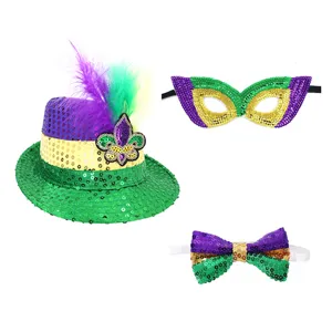 Mardi Gras feestkostuum set met pailletten hoge hoed met veren, masker en vlinderdasje.