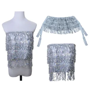 Silver sequin fringe tube top set for carnival party and festival, dazzling clubwear outfit.