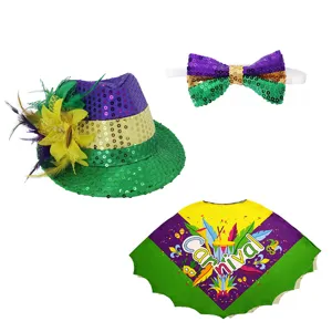 Mardi Gras karnaval feest kostuum set met pailletten fedora hoed, strik en bedrukte cape.
