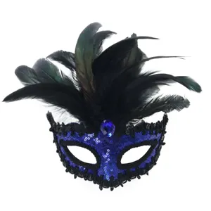 Mooi Blauwe Pailletten Masker met Zwarte Veren voor Feest Carnavalskostuum Gezicht