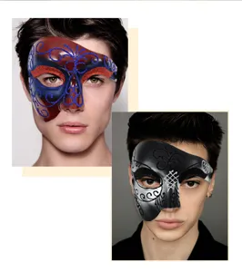 Gedetailleerd overzicht van halfgelaat beschilderde maskers voor feestjes in rood-blauw.