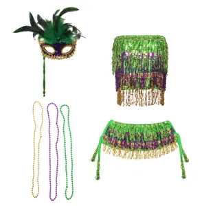 Carnavalsfeest kostuumset met veren masker, pailletten franje top en kleurrijke kralenkettingen.