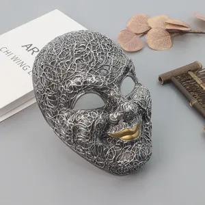 Halloween scary skull full face mask, silver mesh texture with gold lips for party cosplay.