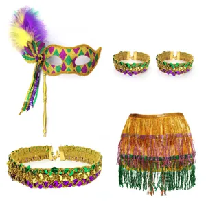 Carnaval feest kostuum set met masker armbanden choker en rok met pailletten franjes voor feest.
