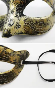 Gedetailleerd overzicht van een vintage gouden masker met zwart lint voor feestjes.