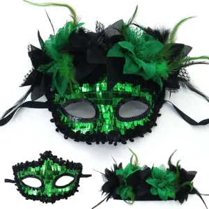 Venetiaans masker groene pailletten veren feest kostuum cosplay oogmasker accessoire