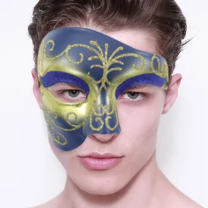 Masquerade half gezicht masker blauw goud glitter carnaval feest Halloween kostuum