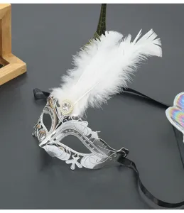 Detail van zilveren maskerbalmasker met witte veren en strass-steentjes voor feesten.
