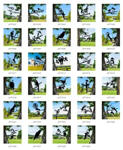 Metal bird silhouette tree stake details showing various garden art animal shapes.