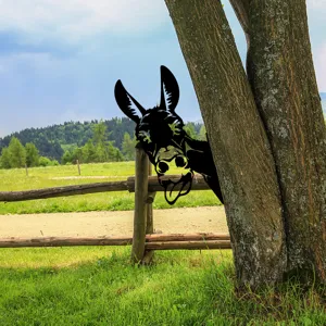 Metal donkey tree peeker garden stake silhouette fence art outdoor yard decoration detail view