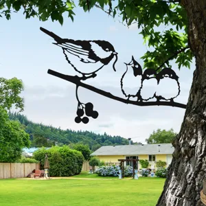 Metal bird family garden art silhouette tree branch outdoor yard decor detail view