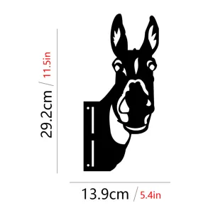 Metal donkey garden art stake detail view showing dimensions 29.2cm height and 13.9cm width
