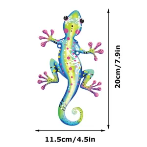 Metal gecko wall art outdoor garden fence hanging decoration with colorful painted finish.