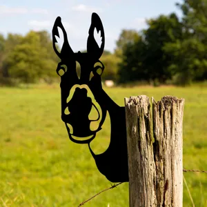 Metal donkey garden stake detail view showing black iron animal silhouette on wooden fence.
