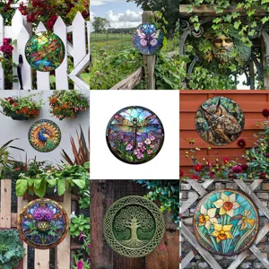 Placa colgante de metal para jardin cartel decorativo de exterior estilo vitral arte de pared
