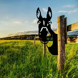 Metal donkey garden stake silhouette, outdoor fence peeper yard art for lawn patio decoration.