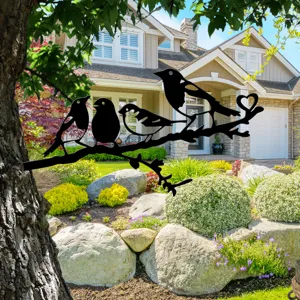 Metal bird tree branch garden stake, decorative silhouette insert for yard and lawn.