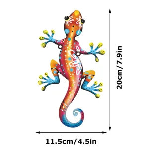 Detailed view of colorful metal gecko wall art for outdoor garden and fence hanging decor.