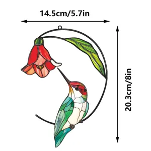 Metal hummingbird stained glass detail view, colorful floral wall hanging decor display.