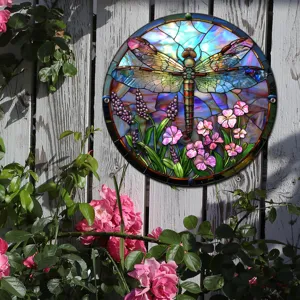 Redondo vitral libélula colgante de pared jardín exterior metal decoración cerca arte