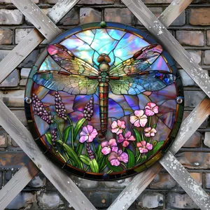 Arte de pared de libélula de vidriera decoración colgante de jardín panel decorativo redondo