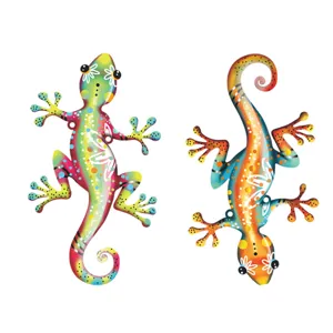 Metal gecko lizard outdoor garden fence hanging wall art decor set of two colorful pieces