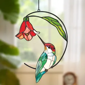 Stained glass hummingbird and flower window hanging decoration, double-sided metal home decor.