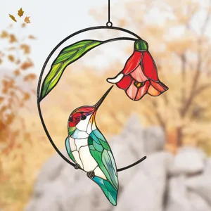 Stained glass hummingbird hanging ornament metal wall decor for window and home interior.