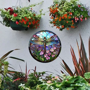 Adorno colgante de vitral de libélula redonda, decoración de jardín al aire libre, pared.
