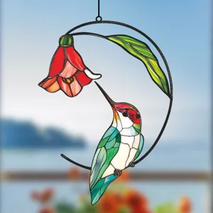 Stained glass hummingbird hanging ornament detail, exquisite metal iron art window decor.