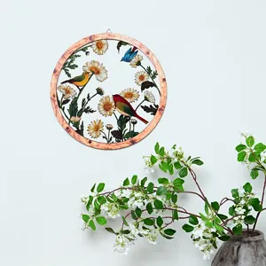 Wooden metal wall hanging decor featuring daisy flowers and birds for room wall detail