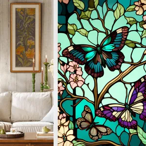 Stained glass window film detail showing retro colorful butterflies and flowers pattern.