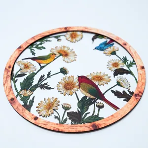 Wooden circular wall hanging decor with daisy flowers and cute birds, elegant home art.