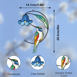 Close-up detail of metal hummingbird wall hanging, showing double-sided glass craft.