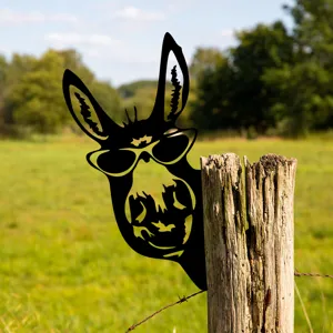 Metal donkey garden stake silhouette wearing sunglasses, perfect outdoor yard and fence decor.